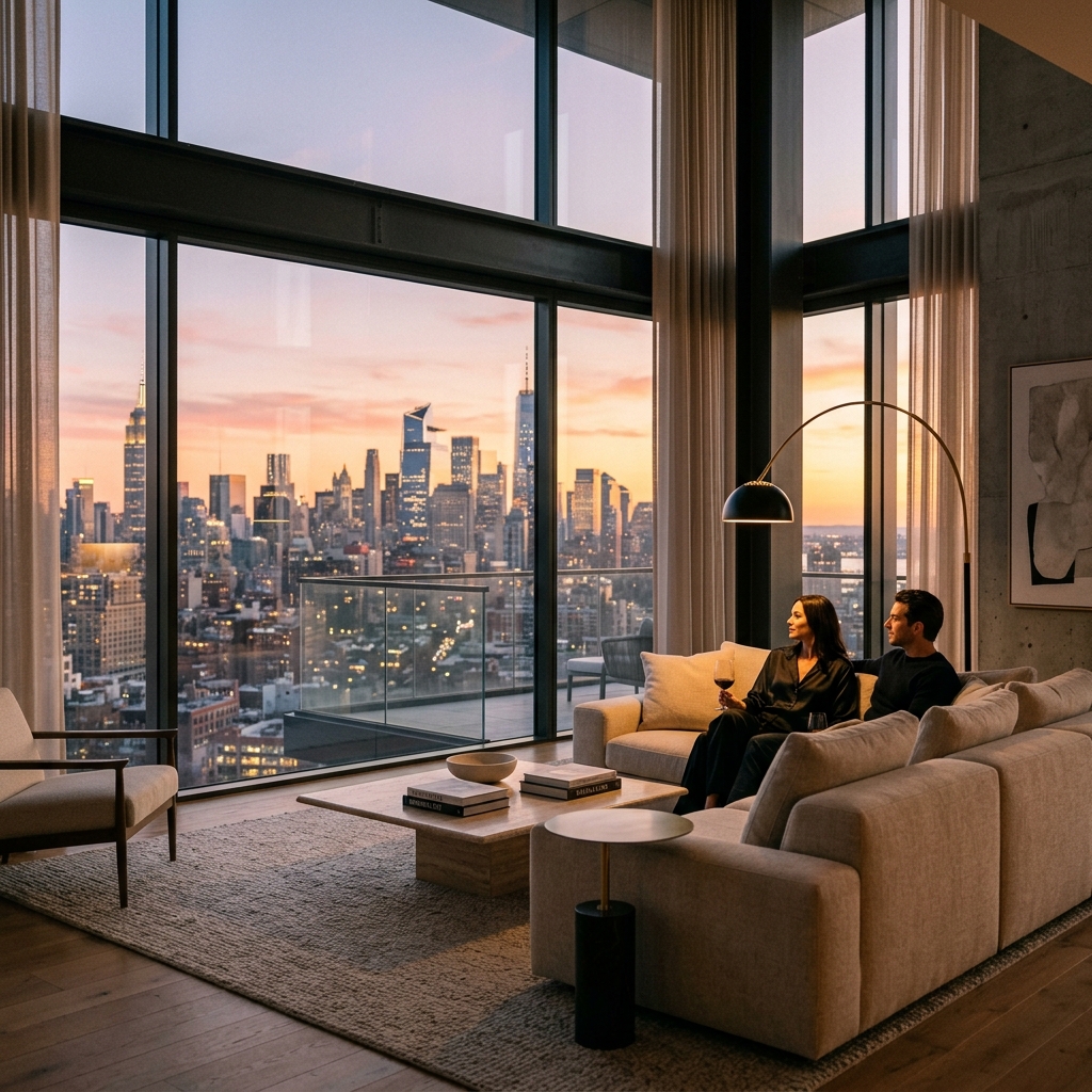 Innenraum einer modernistischen Luxusvilla mit Stadtblick